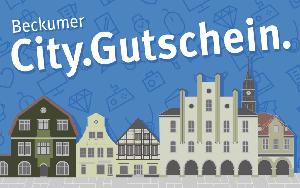 Der Beckumer City.Gutschein mit der Häuserzeile am Marktplatz